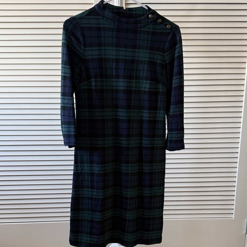 Talbots Navy and Green Plaid Long Sleeve Dress